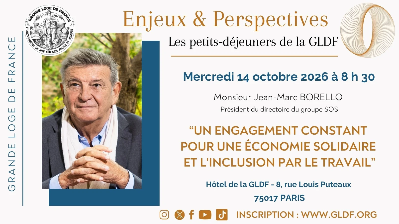 Visuel GLDF annonçant Jean-Marc Borello et la rencontre du 14 octobre 2026 sur l’économie solidaire