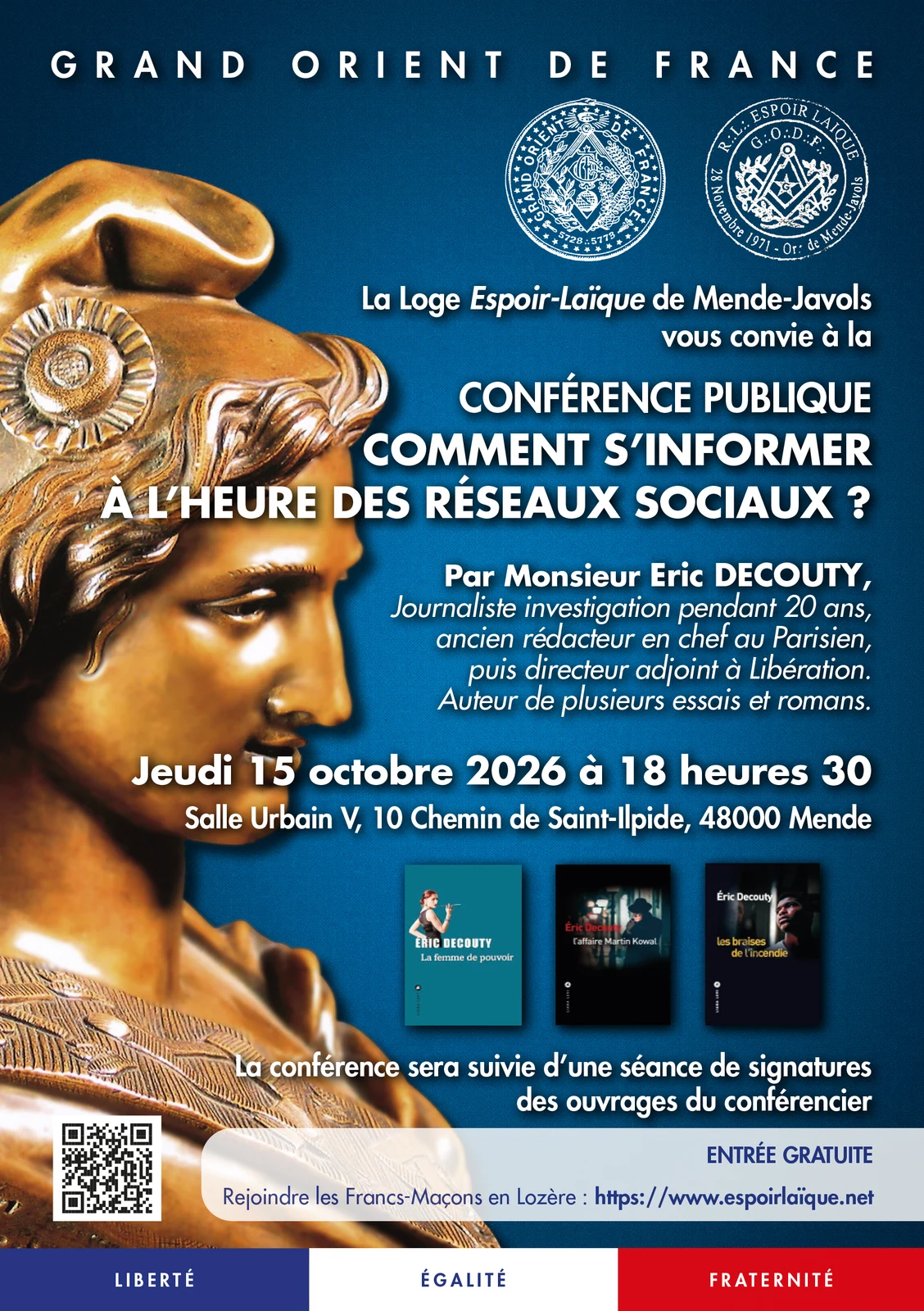 Affiche de la conférence du 15 octobre 2026 à Mende avec Éric Decouty